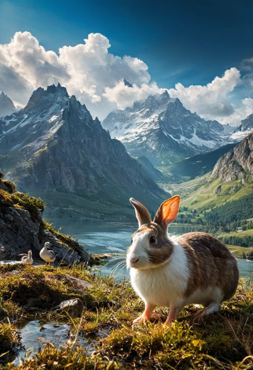 a surreal Wolpertinger, Hybrid creature made of duck, rabbit, and mouse, in exhilarated colors, in front of a mountain landscape, (best quality,4K,8k,highres,masterpiece:1.2),Ultra-detail,(Realists,photoRealists,photo-Realists:1.37),elaborate details,cinematic lighting,dramatic colors,The Fantasy,Digital Drawing,surreal,Very detailed,Film composition,keen focus,photoRealists,hyperRealists,mystical,Ethereal,fantastic,colorful,exhilarated,noticeable,dream-like,conceptual,imaginative