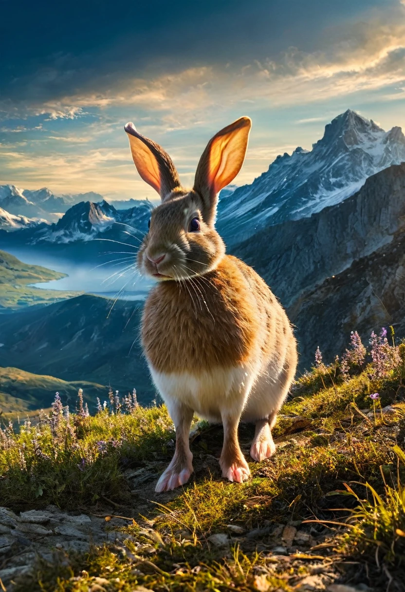 a surreal Wolpertinger, Hybrid creature made of duck, rabbit, and mouse, in exhilarated colors, in front of a mountain landscape, (best quality,4K,8k,highres,​masterpiece:1.2),Ultra-detail,(Realists,photoRealists,photo-Realists:1.37),elaborate details,cinematic lighting,dramatic colors,The Fantasy,Digital Drawing,surreal,Very detailed,Film composition,keen focus,photoRealists,hyperRealists,mystical,Ethereal,fantastic,colorful,exhilarated,noticeable,dream-like,conceptual,imaginative