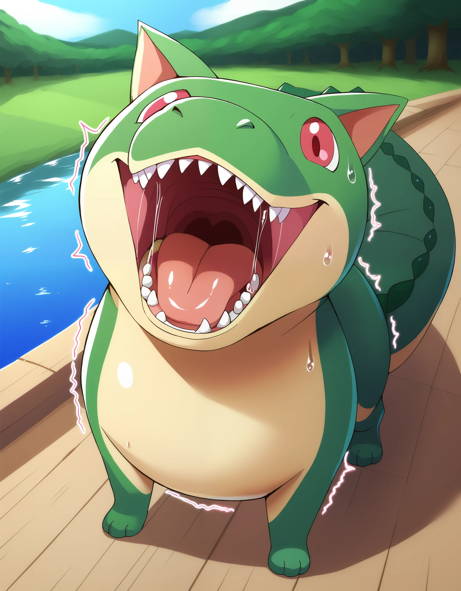 score_9, kyubey, vore, feral crocodile, in mouth, sharp teeth, sweat, expressionless, zac, river, smile, shaded face, paw up, bridge, outdoors, saliva, raised paw, paw pads, motion lines, trembling
