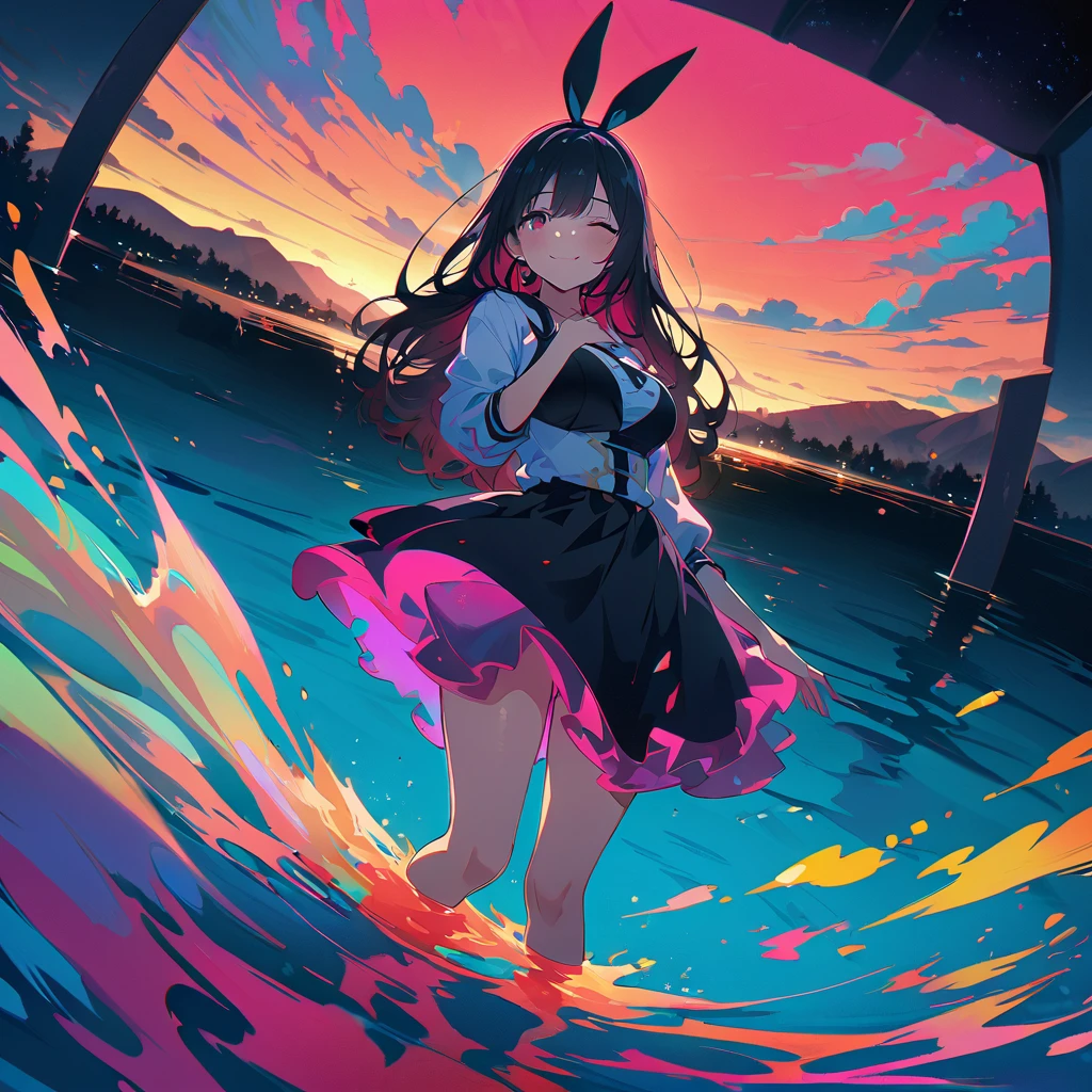 Official Art, Unified 8k wallpaper, Very detailed, masterpiece, Best image quality,Ultra Wide Angle,evening,woman,Standing in the pond,The water is like a mirror,Reflecting the sky。Looking up at the sky,Colorful sunset,Dynamic Angle, Grace, Bright colors,black hair, hair bobbles, wince, longeyelashes, solid circle eyes, fake animal ears, light smile, ear blush, fang, ccurate, Dark Room, Bedroom, smile, ephemeral, Feathered girl, night, Surrealism, drop shadow, anaglyph, stereogram, tachi-e, ass pov, atmospheric perspective, 8k, super detail, best quality, Bedroom、Big Tits、smile、night, Dark Room