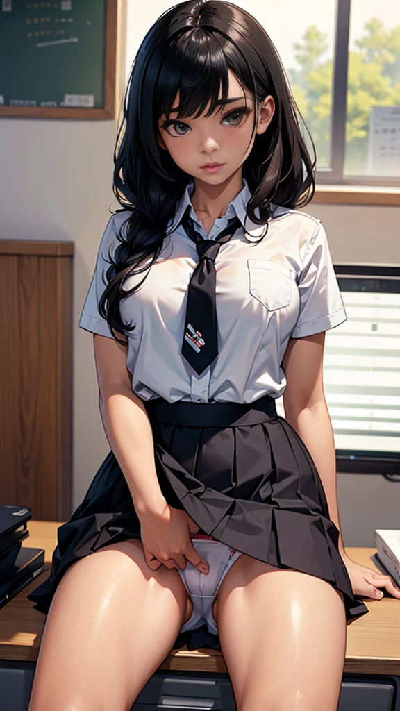 high school girl,(On the corner of the desk)She is masturbating by pressing her crotch against the,Black gal,White flashy panties