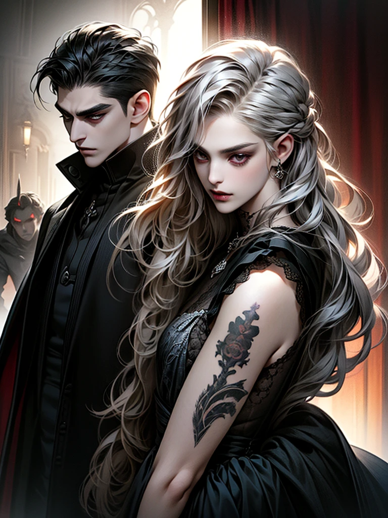 Girl with long hair, black hair,and boy with short hair, white hair, tatto, undercut hair,vampire 