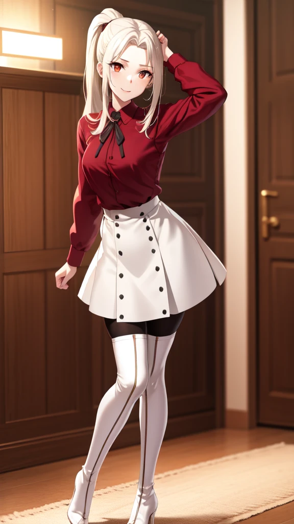 masterpiece, ultra quality, 8K, best quality, absurdres, perfect anatomy, anime_girl, 1girl, solo, Irisviel von Einzbern, ponytail, hairpin, red shirt, dress shirt, red thigh high boots, heels, white skirt, pantyhose, cowboy shot, standing, smile, indoors, arms behind back, room, night, quiet environment, 
skinny legs, excellent facial features, different poses, A pretty girl, beautiful appearance, 