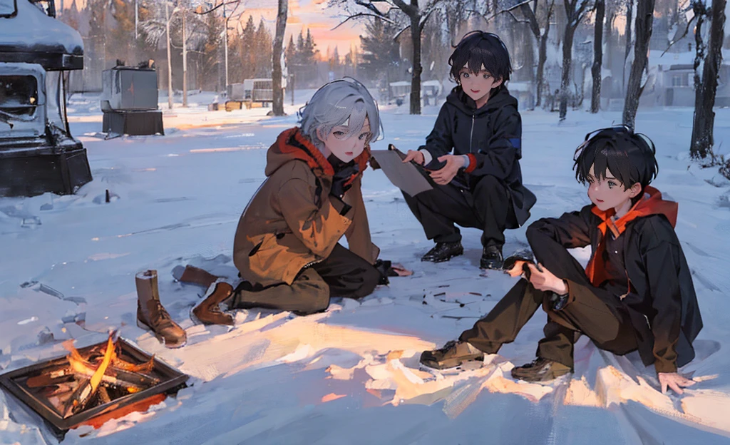 ((masterpiece,best quality,detailed,Two boys,Snow,Around the campfire)) 8K, Sunset,Distance