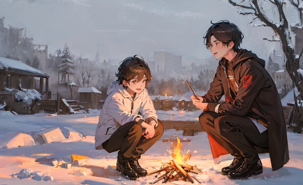 ((masterpiece,best quality,detailed,Two boys，Snow，Around the campfire)) 8K, Sunset，Distance