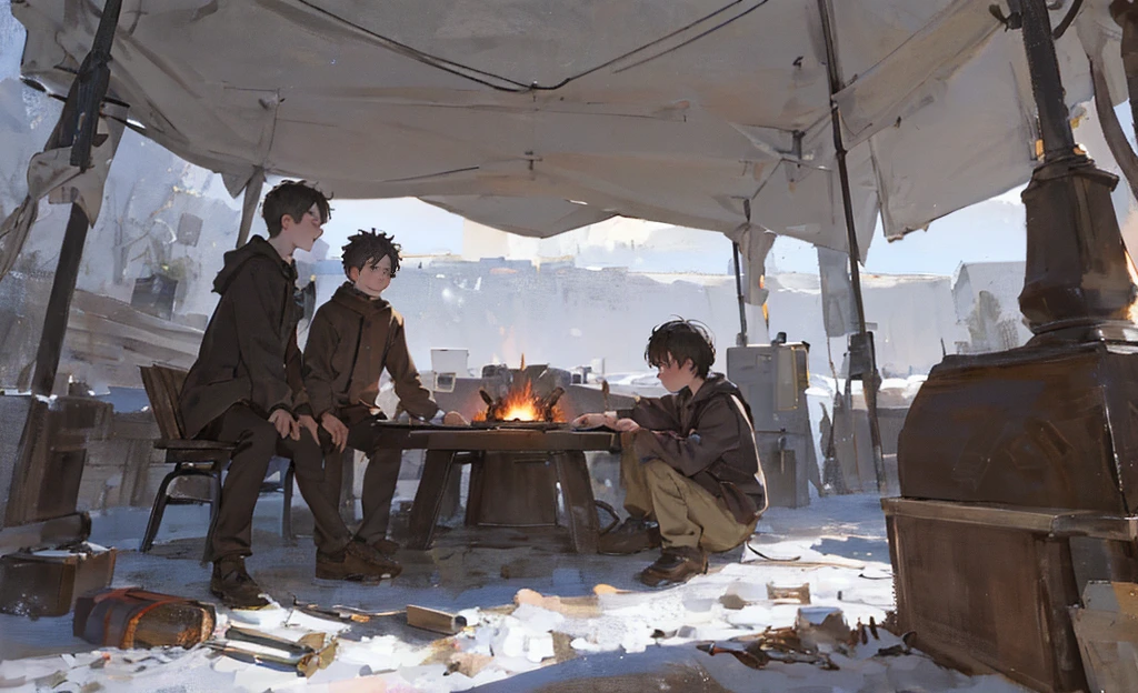 ((masterpiece,best quality,detailed,Two boys，Snow，Around the campfire)) 8K, Sunset，Distance