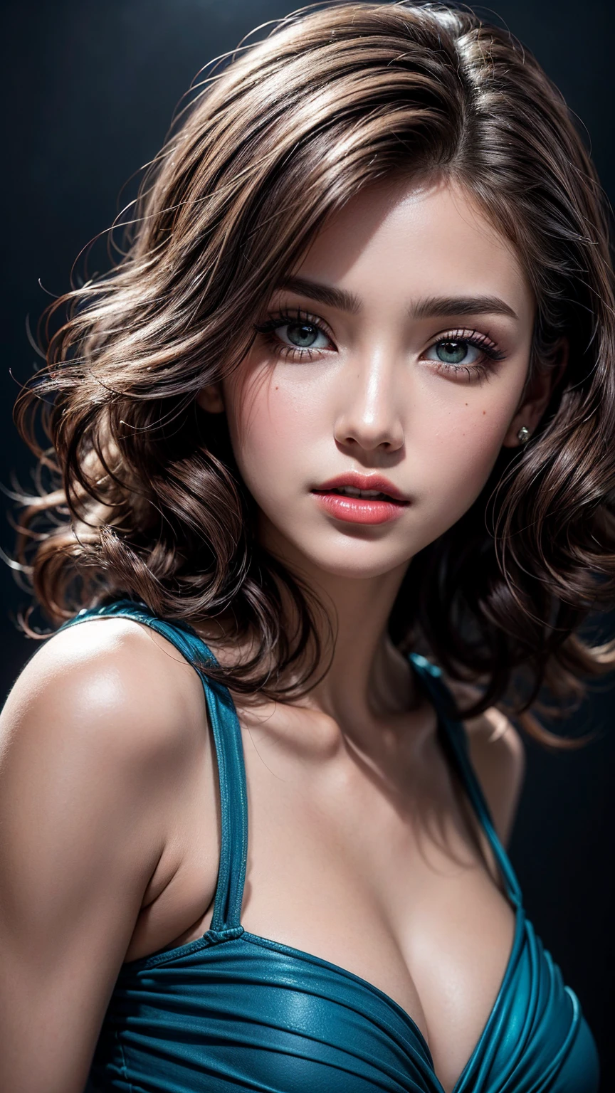 photorealism 16K realism, (Hyper-realistic proportional body, anatomically correct:1.3), ((ultra-fine digital art)), (1woman:1.3, 22-year-old), wearing glasses, thigh highs, ((intricately detailed beautiful face)), (light pale complexion), BREAK, (small round head), (best details, realistic beautiful, slim and cute face), ((best highest detailed realistic brown_eyes:1.3)), (super realistic sharp-eyes:1.2), (tired and sleepy and satisfied:0.0), ((close up of a woman's eyes)), perfect round eyes, finely detailed pupils,BREAK,detailed lips:1.3,pink_makeup:1.22, long_blue_eyeliner:1.2, (red_lipstick:1.3), ((perfect dark_eyeshadows:1.3)), (super detailed professional makeup on eyes:1.25), (Detailed nose:1.2), (best high quality real texture skin:1.3), (Fujicolor, daytime soft lighting), (curly heban hair (slicked to the one side) Intricately detailed), BREAK, ((Classic and sexy designer dress, combination of teal, magenta and yellow colour in the dress, bright colours)), Detailed blue decoration, BREAK, (Fitted clothing), dynamic pose, (looking at the viewer), (no decorations in the hair), (dark shot:1.2), (firm normal full breasts), hint of cleavage, (vibarant and colourful),