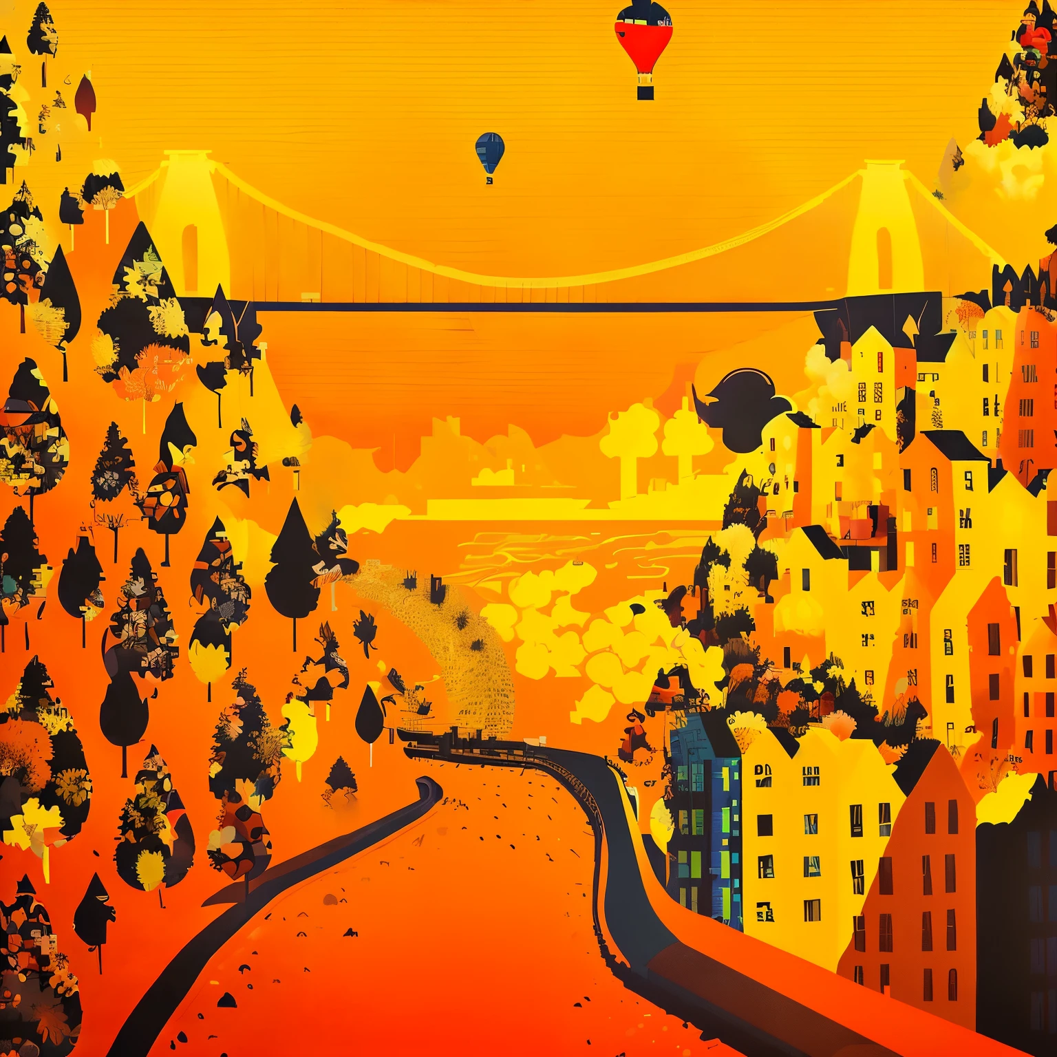 illustration of a city with a bridge over a river and a hot air balloon, by Trevor Brown, by Tom Scott RSA, print!, by Lubin Baugin, flat illustration, stylised illustration, travel poster, by IAN SPRIGGS, inspired by Trevor Brown, vector illustration, (by tom purvis), beautiful retro art, illustrator, tall bridge with city on top