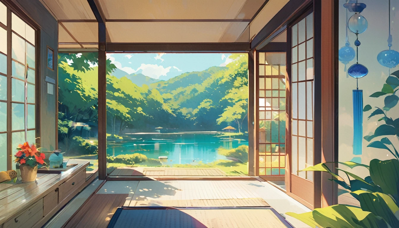 Illustration of a Japanese garden with a tranquil pond viewed from inside a Japanese-style room, Lush, wind chimes, Blooming summer leaves, blue sky, Hot midsummer sunshine, Breeze, Calming atmosphere, Attention to detail, Calm.