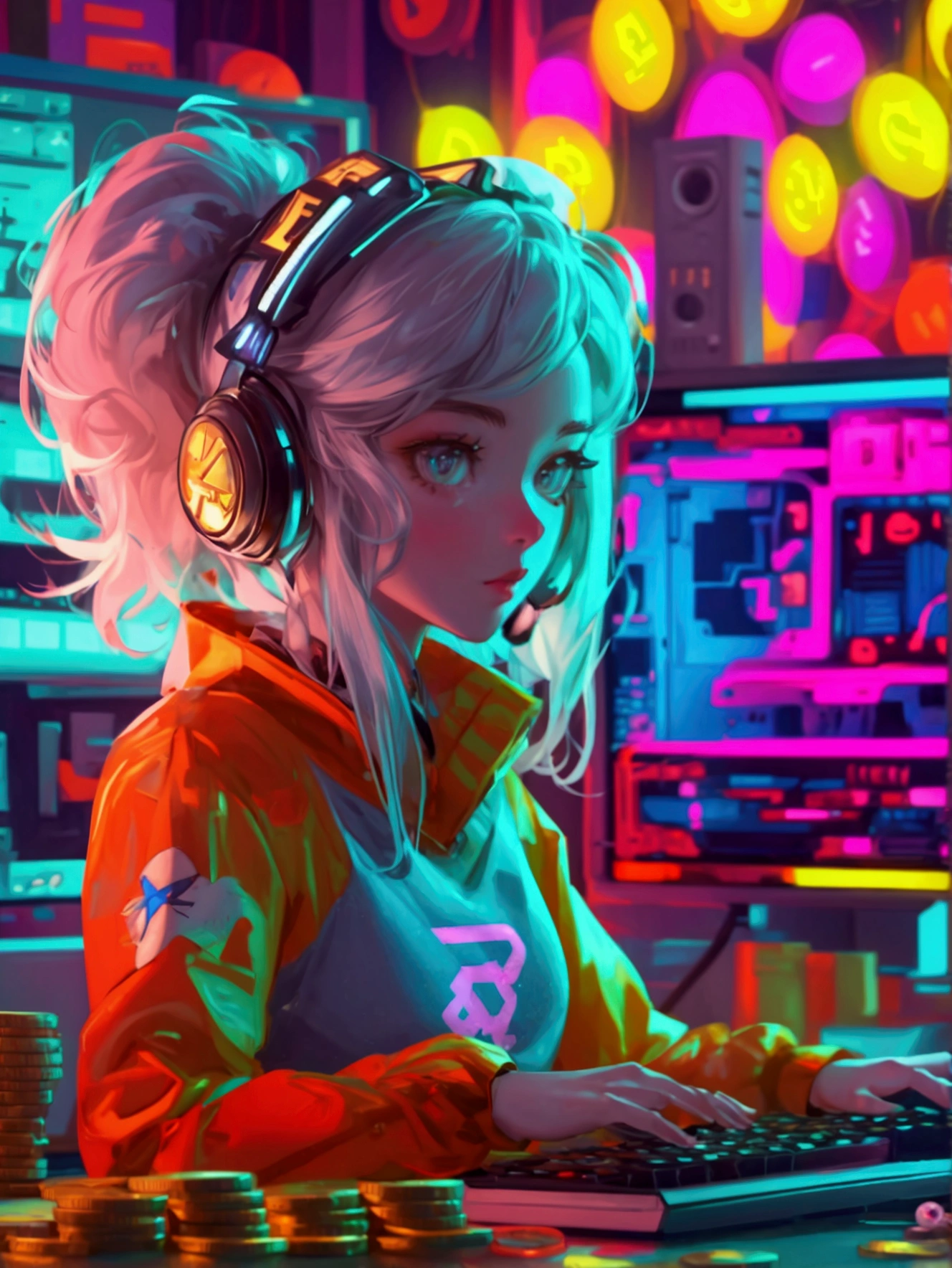 A retro computer setup with cryptocurrency symbols and coins scattered around. cute girl with cryptocurrency-themed accessories and attire, styled to match the scene. The background, including the computer, coins, and other elements, remains exactly the same, preserving the original feel of the image."
