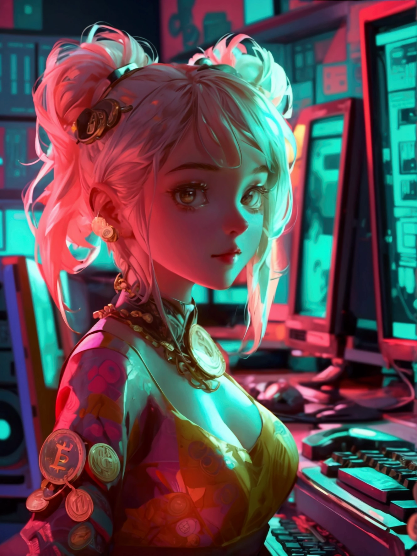 A retro computer setup with cryptocurrency symbols and coins scattered around. cute girl with cryptocurrency-themed accessories and attire, styled to match the scene. The background, including the computer, coins, and other elements, remains exactly the same, preserving the original feel of the image."