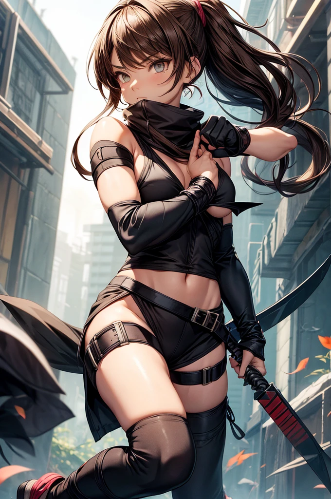 a ninja girl with hazel eyes (greenish brown) dressed in a black bodysuit (with neck ring), black gloves up to half the arm (no fingers), leaf village bandana, brown hair with blonde highlights, kunai holder with the band on the thigh of the right leg, two kunai holders, one with a belt at the waist and one without the belt on the thigh of the left leg, long socks above the knee, ninja shoes