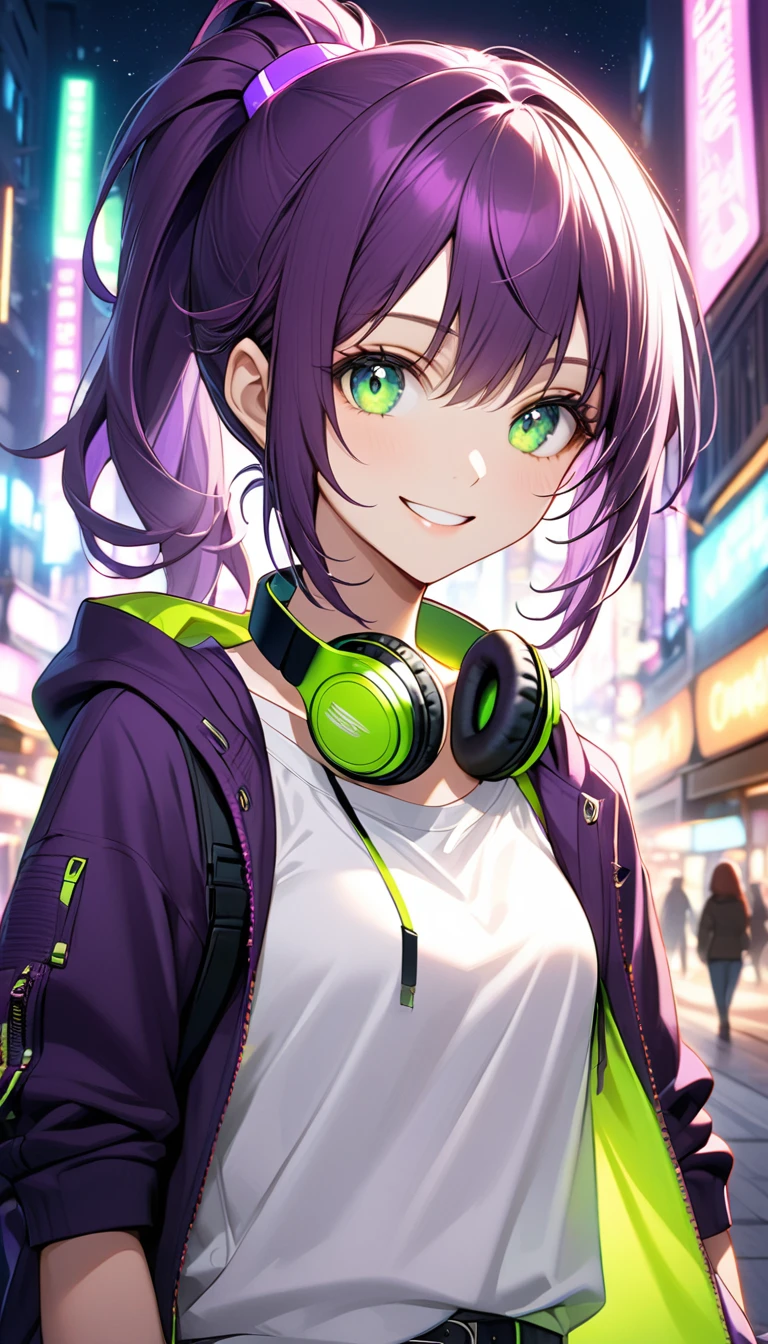 One girl, perfect face, medium femalebody, tyrian purple pony tail hair, green shining eyes color, white fair skin color, tomboy casual outfit, night city glowing background , purple headphones on the neck , big smile, confident staring, 