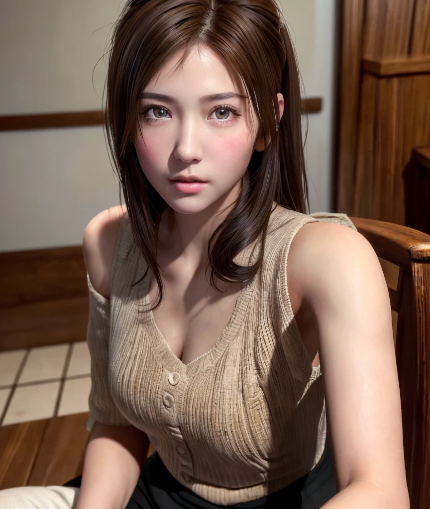 8K,Best Quality, masutepiece, 超A high resolution, (Photorealistic:1.4), Raw photo, (Authentic skin texture:1.3), (Film grain:1.3), (Selfie angle),1girl in, Bun hairstyle, Brown hair, Sitting, Chair, bored, Hand supporting chin, beautiful detailed eyes and face,masutepiece, Best Quality,close-up,upper bod,