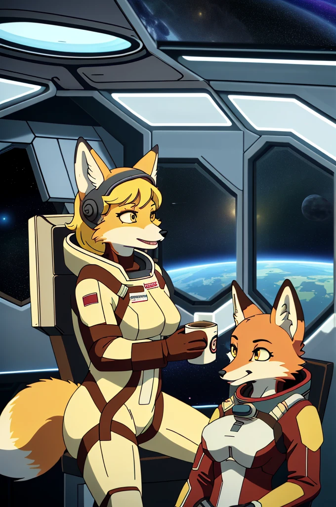 a fox furry ,(with yellow fur,Female and crazy history expression)who is drinking coffee on a in a spacesuit with helmet on a spaceship (Enterprise)