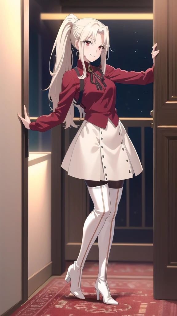 masterpiece, ultra quality, 8K, best quality, absurdres, perfect anatomy, anime_girl, 1girl, solo, Irisviel von Einzbern, ponytail, hairpin, red shirt, dress shirt, red thigh high boots, heels, white skirt, pantyhose, cowboy shot, standing, smile, indoors, arms behind back, room, night, quiet environment, 
skinny legs, excellent facial features, different poses, A pretty girl, beautiful appearance, 