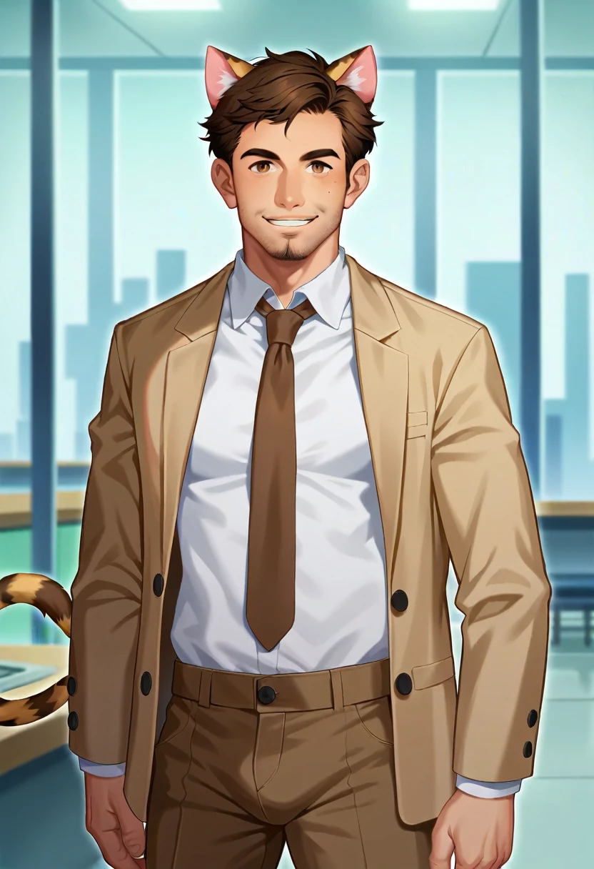 score_9, score_8_up, score_7_up, ferdinandclooney, ferd-researcher, 1boy, solo, male focus, mature male, looking at viewer, smile, short hair, brown hair, multicolored hair, brown eyes, facial hair, stubble, animal ears, cat ears, cat tail, cat boy, spotted tail, long sleeves, beige jacket, brown vest, white shirt, open clothes, spotted necktie, brown necktie, collared shirt, brown pants, formal, suit, cowboy shot, standing, laboratory interior 