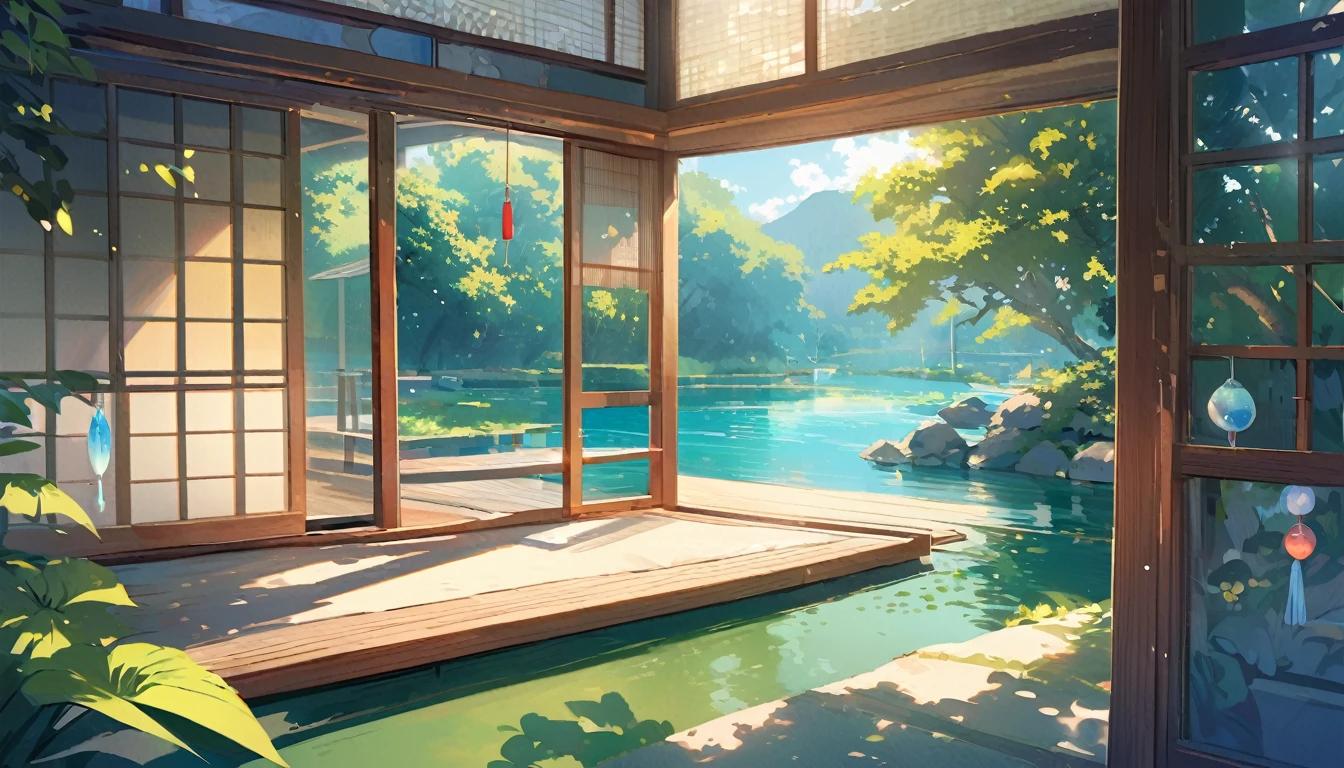 Illustration of a Japanese garden with a tranquil pond viewed from inside a Japanese-style room, Lush, wind chimes, Blooming summer leaves, blue sky, Hot midsummer sunshine, Breeze, Calming atmosphere, Attention to detail, Calm.