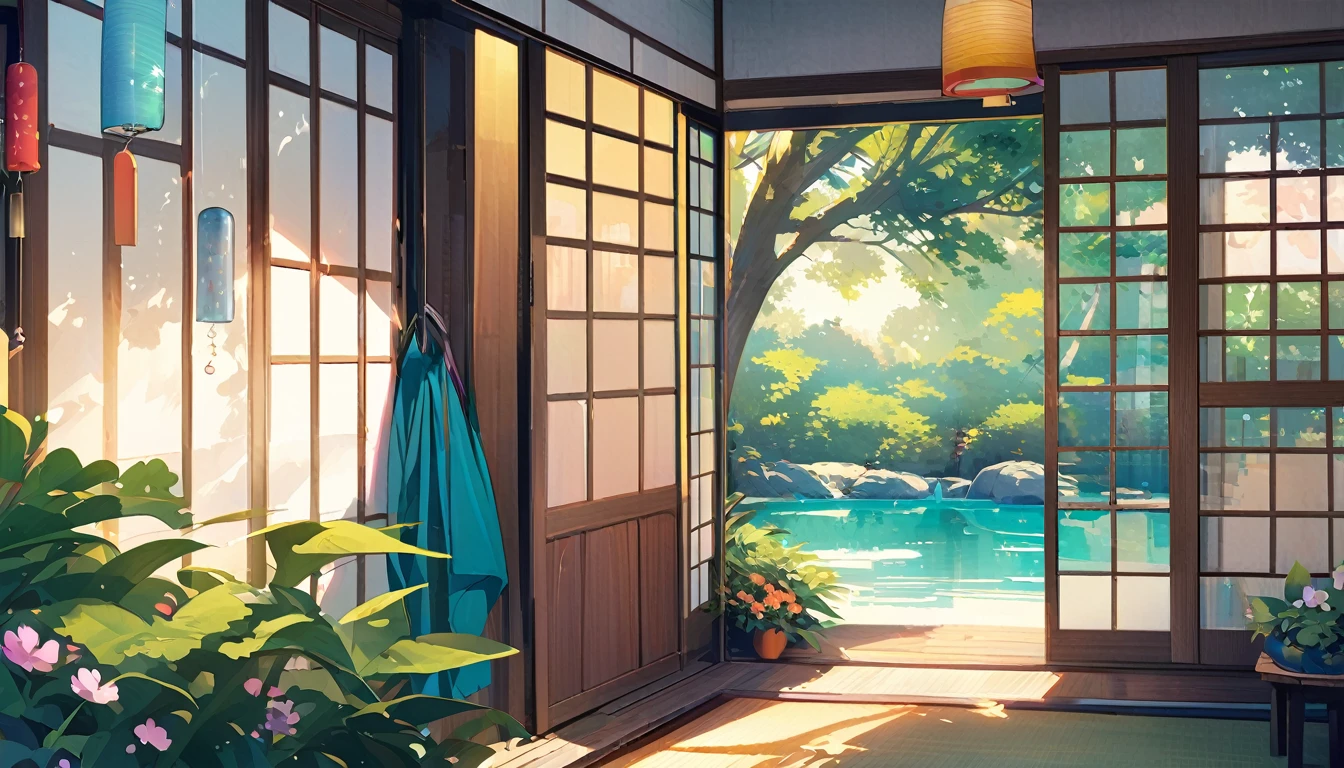 Illustration of a Japanese garden with a tranquil pond viewed from inside a Japanese-style room, Lush, wind chimes, Blooming summer leaves, blue sky, Hot midsummer sunshine, Breeze, Calming atmosphere, Attention to detail, Calm.