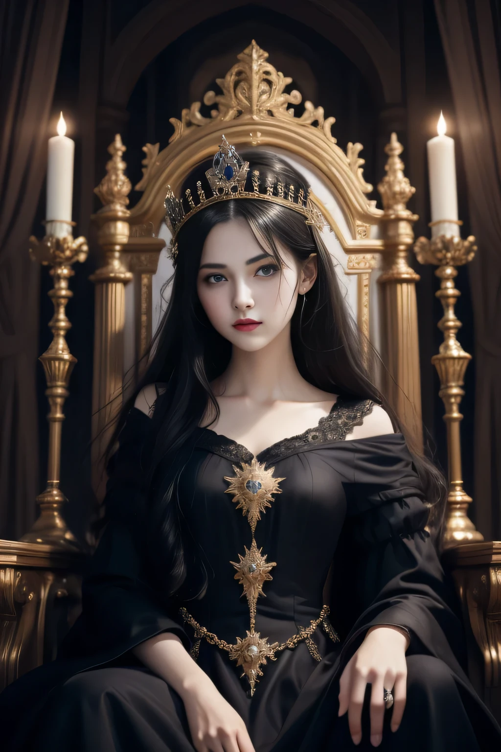 Absurd resolution, high resolution, (masterpiece: 1.4), Black-haired girl, sitting on a throne, wearing a long black dress, She had pale, shiny skin, with slanted, dark blue eyes, her hair too long, surrounded by crowns, with an expression of seriousness and leadership, men crouching before her