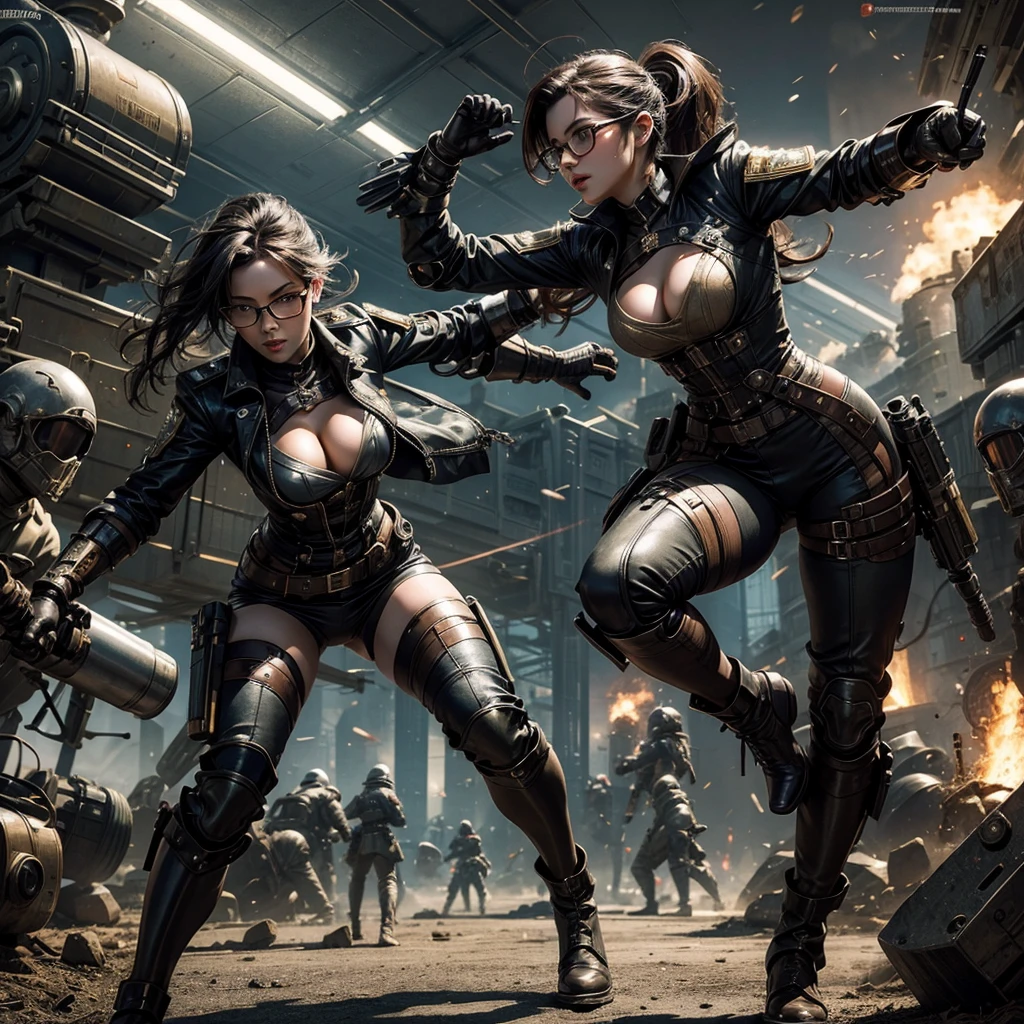 
a sexy woman with glasses in a futuristic steampunk uniform in a battlefield while running in fighting stance, around the woman a surreal battle scenario