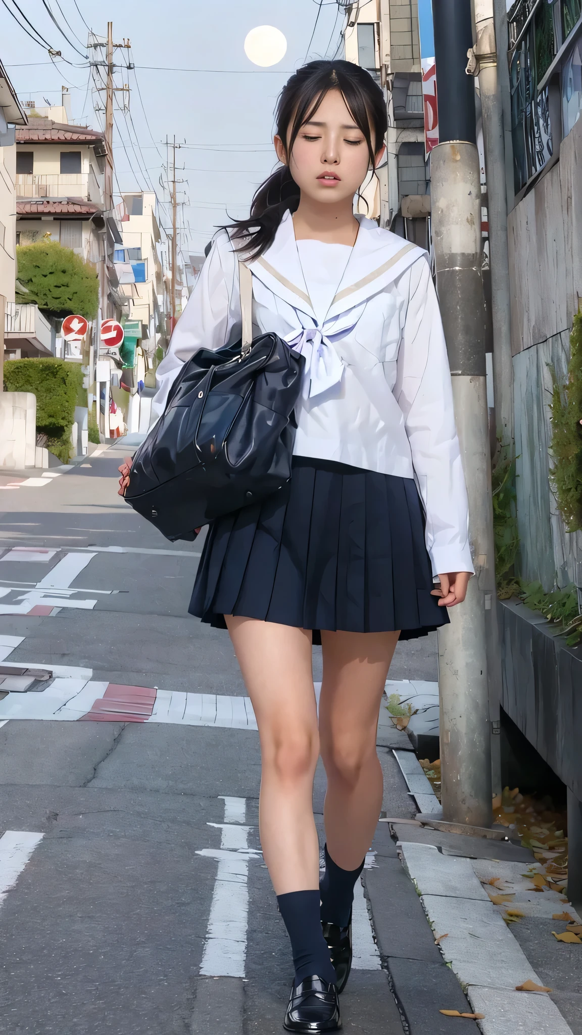 masterpiece, highest quality, realistic, RAW photo, Digital single-lens reflex camera, ((1 person)), Beautiful Japan girl at 18 years old, shiny fair skin, Realistic beautiful make-up face, realistic and beautiful eyes, double eyelid, (((anxiety, frightened eyes:1.3, fear, nervous:1, tears, cry:1.4, afraid))), (The most detailed shiny black hair and bangs), (((ponytail hair))), slim body shape, slim face, slim waist, (((H cup, large breasts))), ((serafuku)), (((Japanese student indigo sailor suit, summer clothes, pleated mini skirt:1.2, black sox:1.2, brown loafer shoes:1.2, white panty:1.2))), (((front:1.3))), Leaving school, (((quarry, moon light))), (((dark night))), ((foggy)), realistic shadow, Depth of bounds written, The best delicate and beautiful photos, ultra high resolution, 8K UHD Wallpapers, nsfw, upper half body