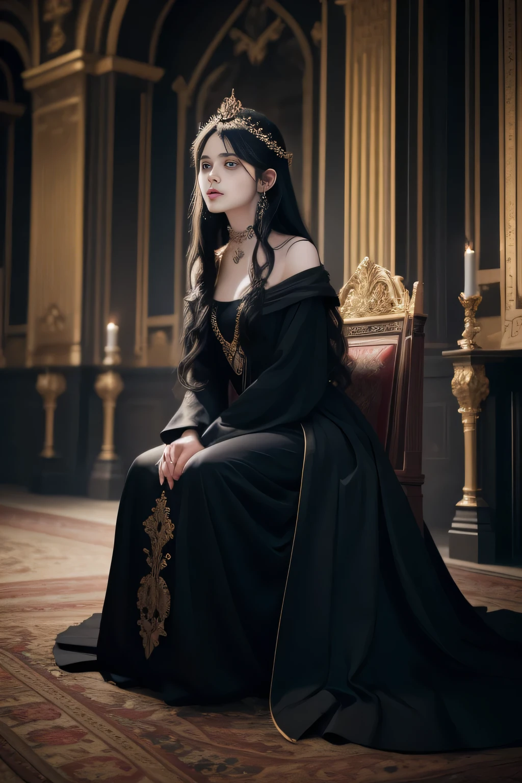 Absurd resolution, high resolution, (masterpiece: 1.4), Black-haired girl, sitting on a throne, wearing a long black dress, She had pale, shiny skin, with slanted, dark blue eyes, her hair too long, surrounded by crowns, with an expression of seriousness and leadership, men crouching before her