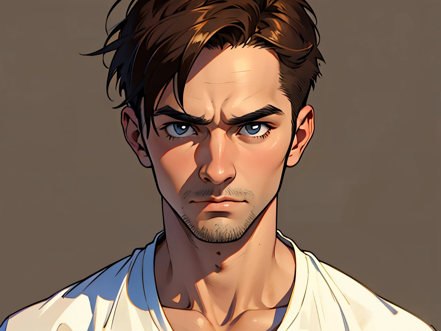 30 YEAR OLD MAN with determined look and expression, LOOKING directly into the camera , face and bust view, Dark Brown Short Hair, basic clothing, neutral background