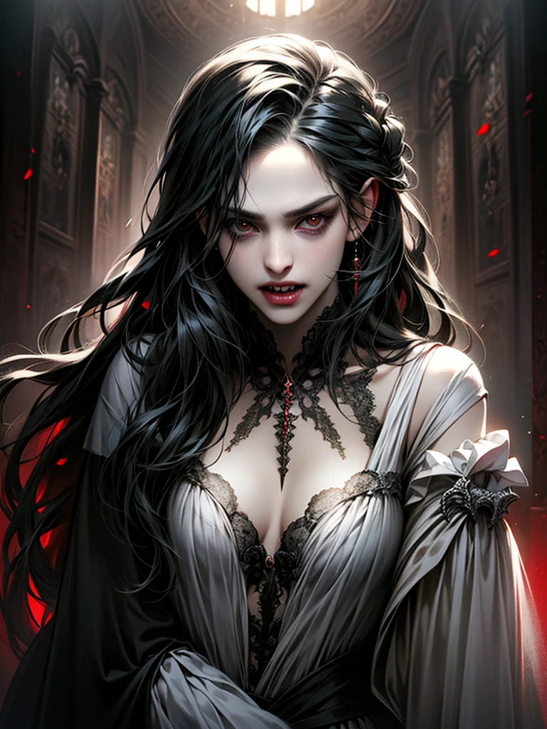 Girl with long hair, black hair,vampire ,vampire teeth ,devil