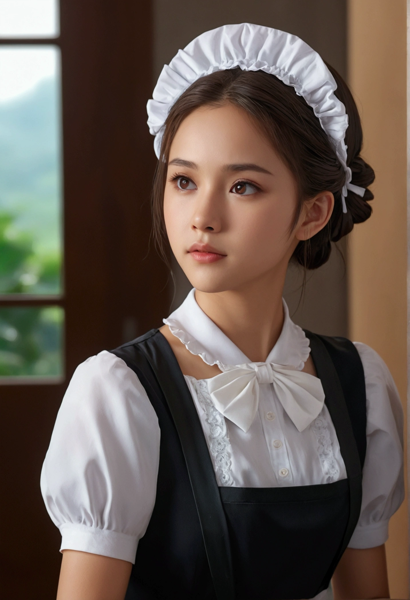8K, of the highest quality, masutepiece:1.2), (Realistic, Photorealsitic:1.37), of the highest quality, masutepiece, Beautiful young woman, Pensive expression,、A charming、and an inviting look, Cute Maid Clothes, Hair tied back, Cinematic background, Light skin tone