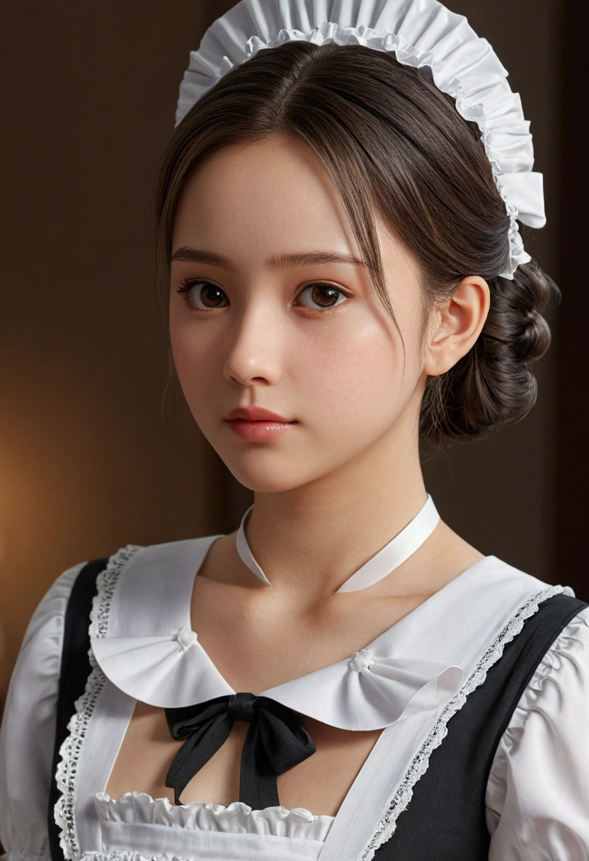 8K, of the highest quality, masutepiece:1.2), (Realistic, Photorealsitic:1.37), of the highest quality, masutepiece, Beautiful young woman, Pensive expression,、A charming、and an inviting look, Cute Maid Clothes, Hair tied back, Cinematic background, Light skin tone