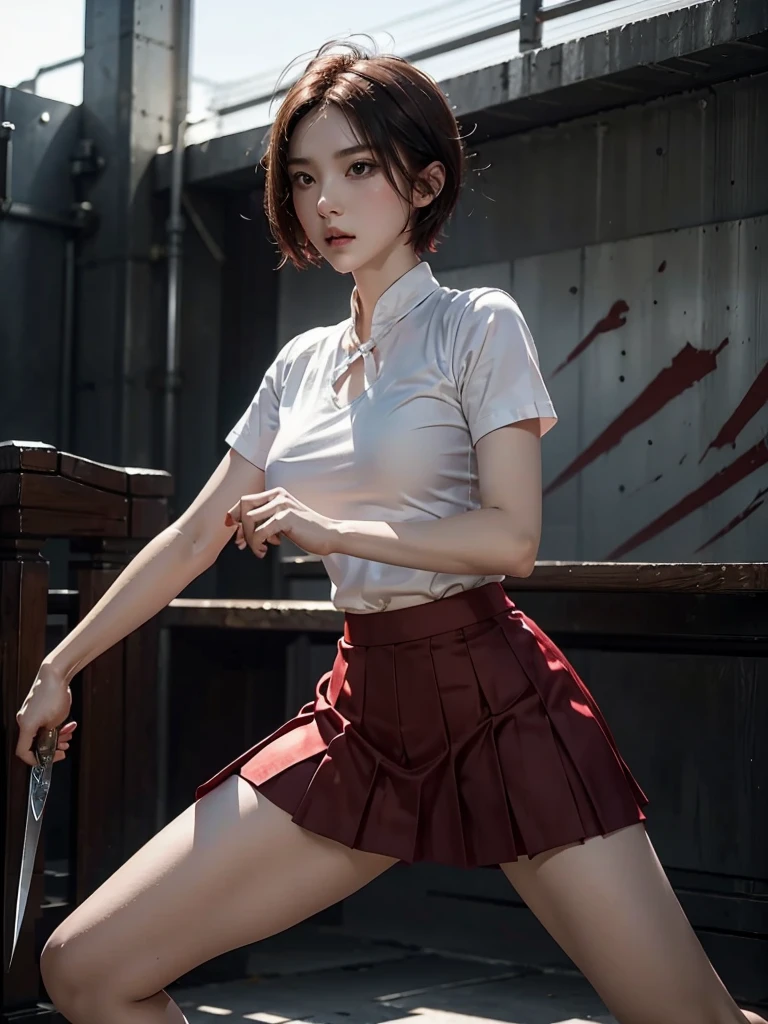 (Photoreal)、One woman、16 years old、baby face、perfect style、(Participate in a battle royale and walk through a large forest on a deserted island)、(Pose holding a Japanese sword:1.3)、(beige blazer:1.5)、(Above-the-knee length pleated skirt:1.2)、(white tank top:1.3)、Navel exposed、(loafers:1.3)、(medium breasts:1.2)、(cleavage)、short bob、ponytail、(serious face)、(Brighten the contrast of shadows)、(Professional cinematic lighting)、(face lighting)、(nffsw++:1.10)、(ultra high resolution)、(highest quality)、Improvement of quality、super detailed、accurate color、(detailed hands:1.2)、(detailed feet:1.2)、(correct anatomy:1.2)、Sweat、(looking at the camera)、(blood stains clothes:1.6)、(blood on the body:1.6)、(bathed in a lot of blood:1.5)、(squat with your knees up:1.2)