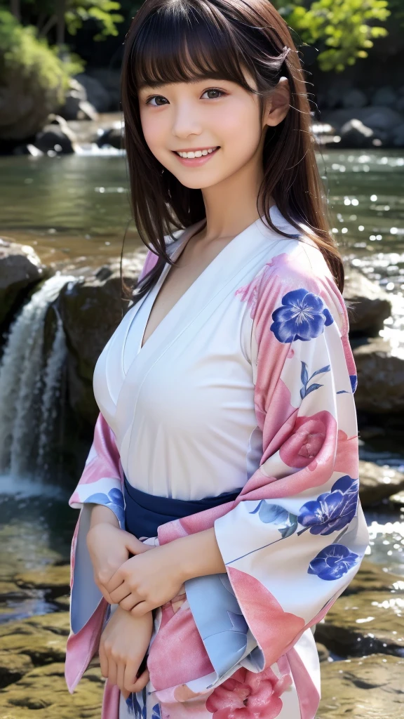 A very large waterfall、In front of Kegon Falls in Oku-Nikko、Watching the waterfall、Admire the waterfall、Overtaking High Resolution、Her breasts overflow from the collar of her kimono.、(Real: 1.4)、Raw photo、Highest quality、(Photorealistic)、concentrated、Soft Light、(())、((Japanese))、(front、Young Face)))、(Depth of Limit)、(one piece)、masterpiece、(Photoreal)、woman、bangs、1 beautiful Japanese model、12 years old、4K、high resolution、bangs、Black Hair、kimono、white and blueflower Long-sleeved kimono、Japanese style floral pattern:1.5、A cute face like an idol:1.4、Slim and beautiful body、Beautiful breasts、Laughter、Esbian all over body:1.2、Enhanced Dynamic Perspective、Cute cute beautiful girl、Beautiful Skin、look at me and smile、Simple Background、Masterpieces、high resolution、4K resolution、Overtaking,It looks like there are breasts coming out of the chest area.