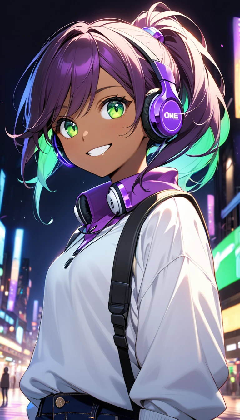One girl, perfect face, medium femalebody, tyrian purple long pony tail hair, green shining eyes color, white and dark skin color, tomboy casual outfit, night city glowing background , purple headphones on the neck , big smile, confident staring,