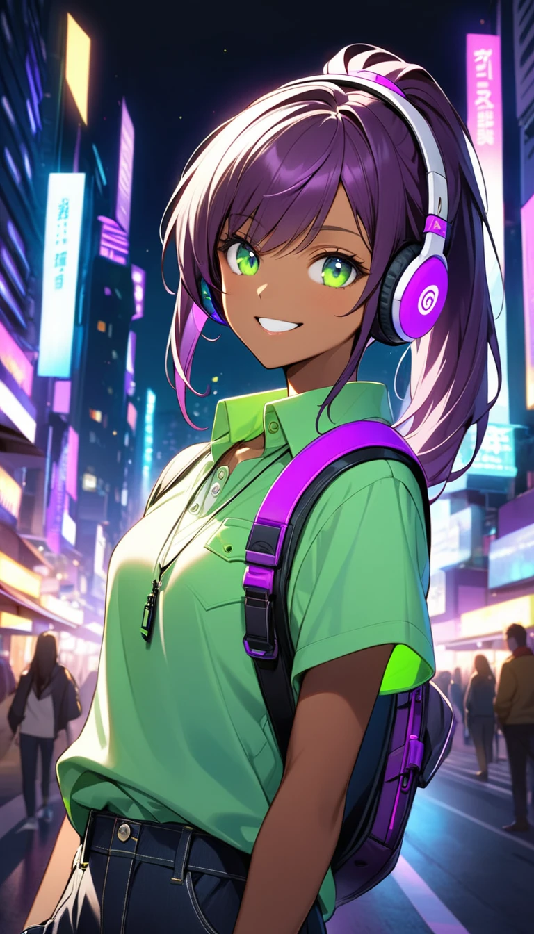 One girl, perfect face, medium femalebody, tyrian purple long pony tail hair, green shining eyes color, white and dark skin color, tomboy casual outfit, night city glowing background , purple headphones on the neck , big smile, confident staring,