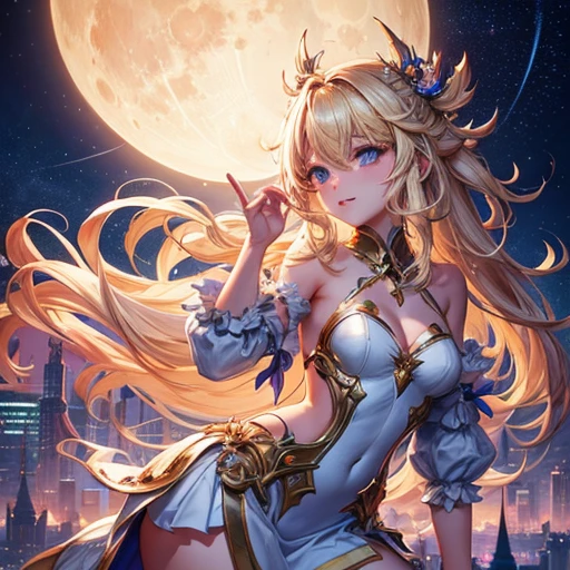 a beautiful 20 year old blonde woman with big messy hair laying on a cloud in the sky floating over a cityscape at night, twinkling stars and glowing moon, fantasy art style, rossdraws cartoon vibrant, cyberpunk, cute detailed digital art, colorfull digital fantasy art, digital fantasy art ), glossy digital painting, rossdraws pastel vibrant, rossdraws 2. 5, rossdraws 1. 0