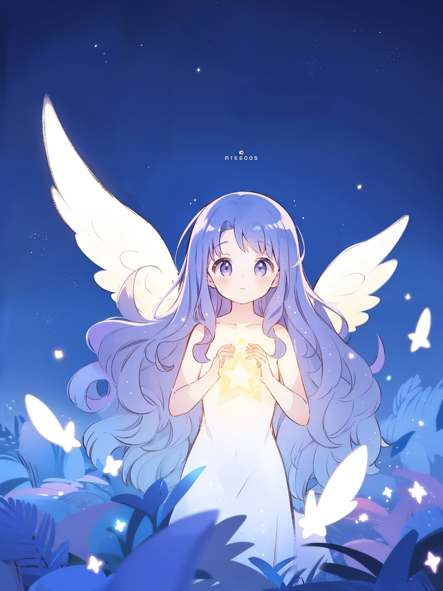 nude angel girl wearing an ethereal translucent dress, pale skin, ((wavy gradient blue purple hair)), white feathers, angel wings, sparkling detailed eyes, golden ratio face, perfect composition, highly detailed, ethereal, (starry night sky background), midjourney style