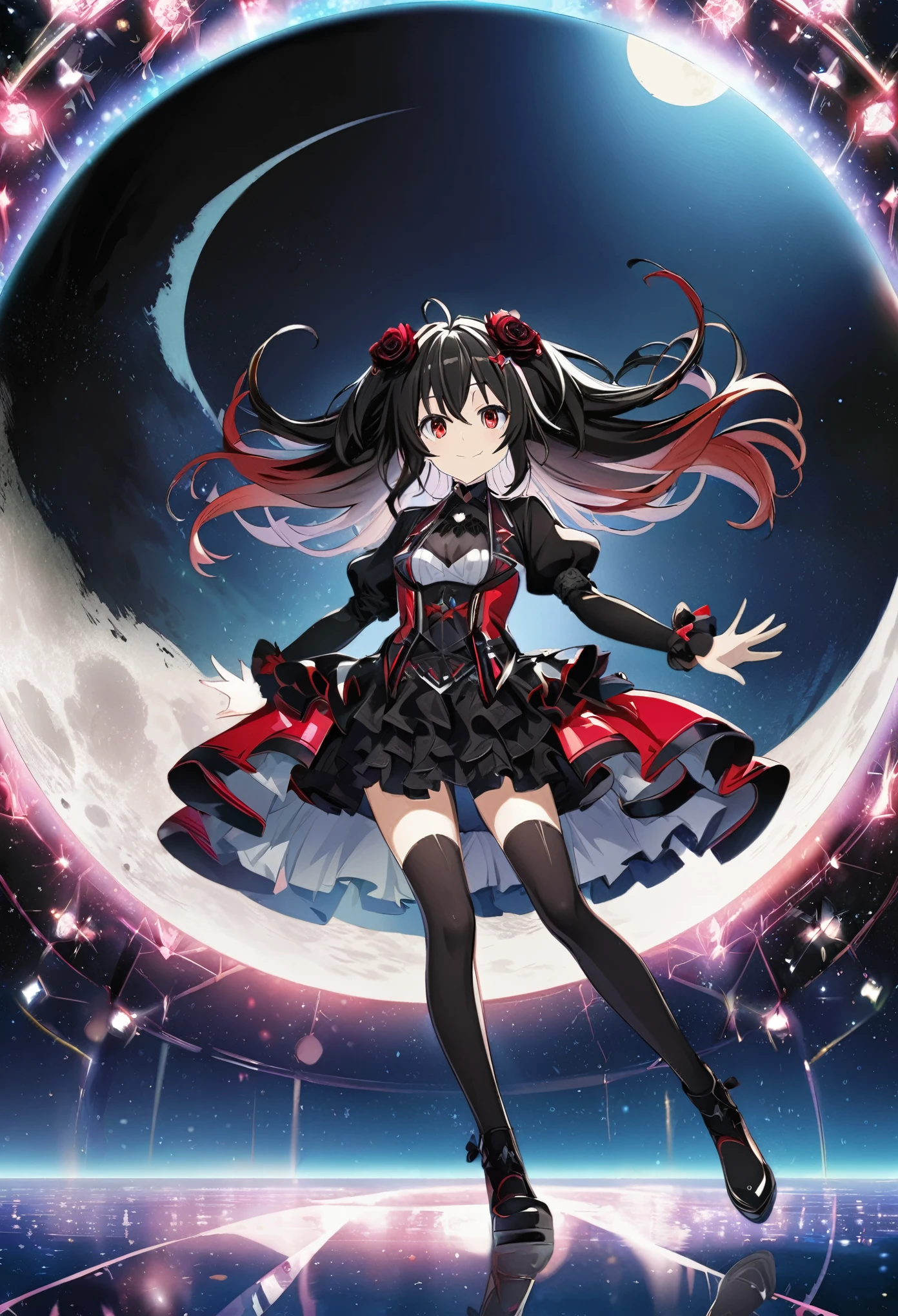 Hyakuya Mikaela \(AKB0048 Next Stage\), long black hair, ruby red eyes:1.2, dark costume, bangs, gentle smile, black rose hair ornament, ((ultra-detailed)), ((illustration)), ((neat hair)), (beautiful detailed eyes), female, 1girl, ((moon reflection)), looking at viewer, full body 