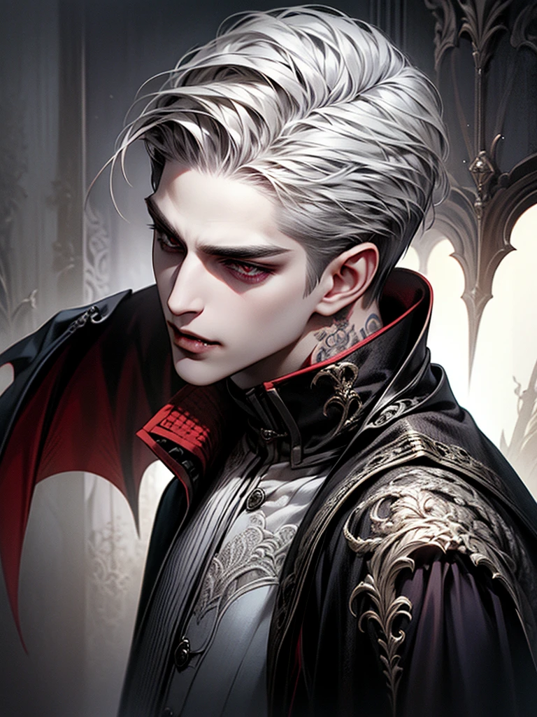 Boy with short hair, white hair, tatto, undercut hair,handsome,vampire ,vampire teeth ,devil