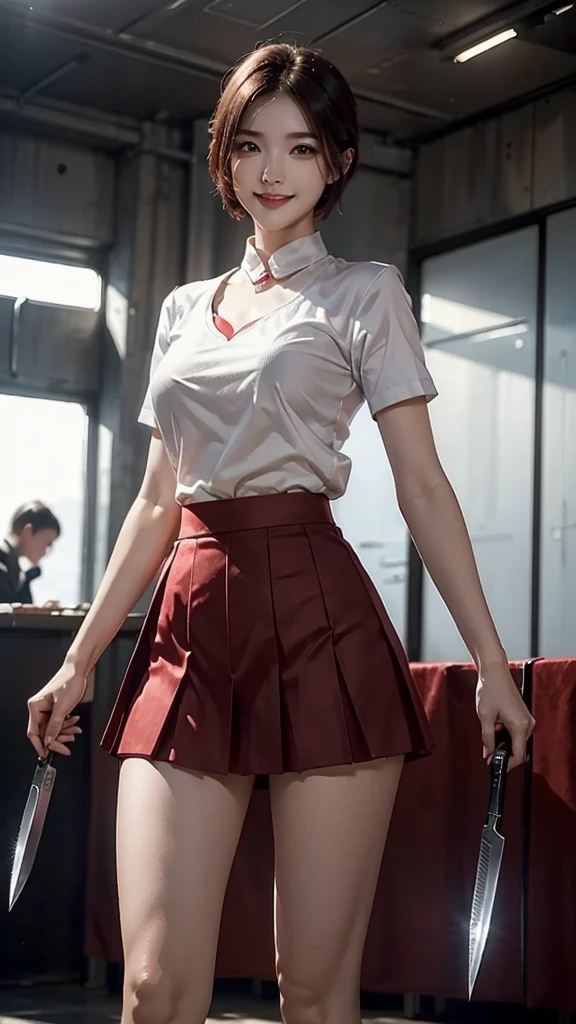 Wearing white short-sleeve，Red ultra-short pleated skirt，Close-up shot of short-haired girl in red high heels holding dual knives，Battlefield Background，Fighting Stance，Smiling emoticon