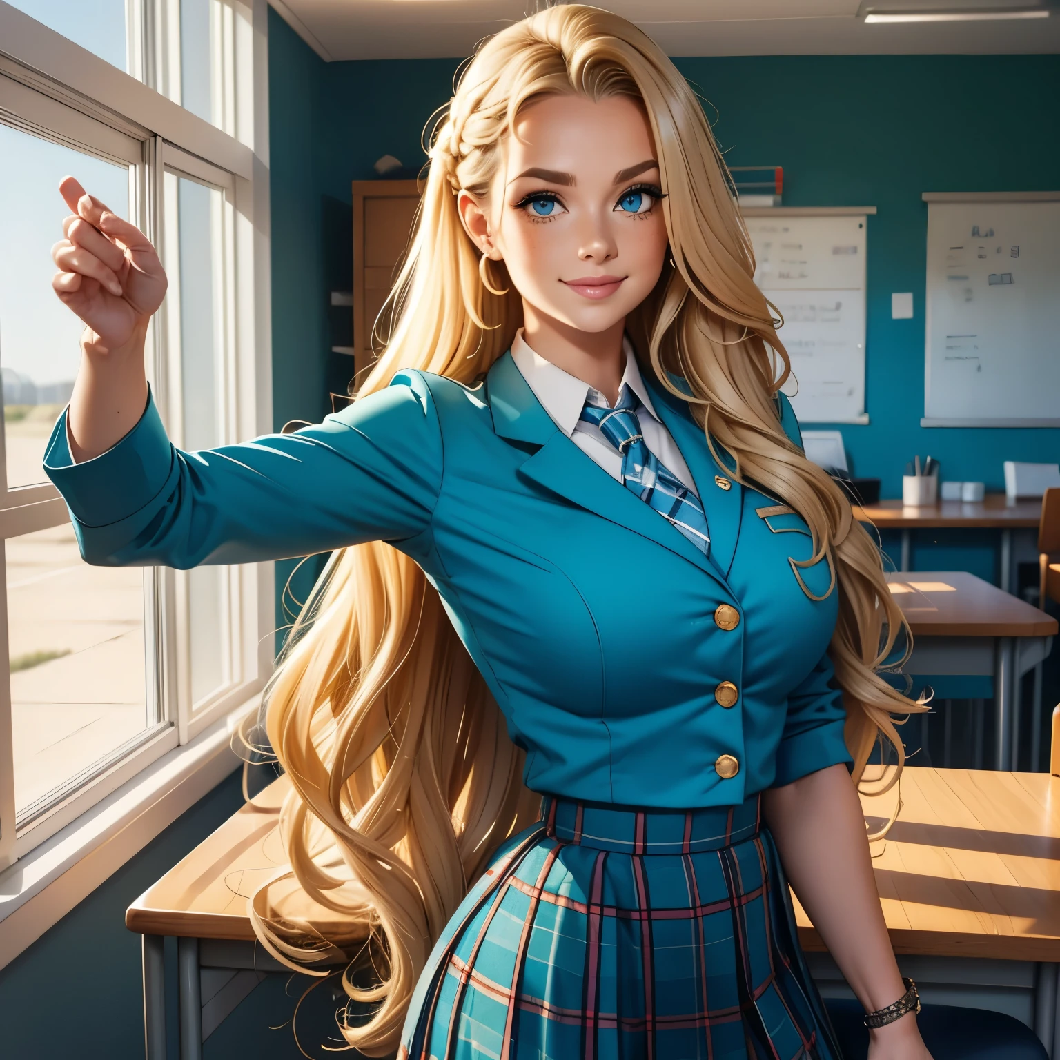 blonde, very long ponytail, very curly hair, French braid through ponytail, huge , massive , even bigger , bright blue eyes, high quality eyes, buttons, freckles, pale blue tartan skirt, very big very curly hair, armband, classroom, uniform, smile,   skin tight clothes,  come hither face, sultry face, tie, light blue, baby blue, teal, hair up, night, night time, blazer