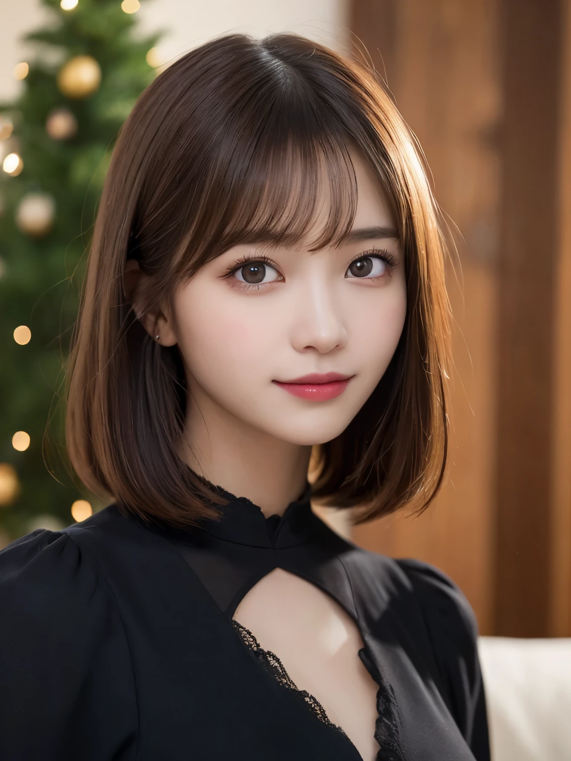 blurred christmas tree background, half body portrait, bust shot, one girl, (a beauty girl, delicate girl:1.3), (20 years old:1.3), break, (black dress), break, (gates of hell:1.2), break, very fine eyes, (symmetrical eyes:1.3), break, small breasts, brown eyes, parted bangs, brown hair, (smile), break, (eyes and faces with detailed:1.0), break, (masterpiece, best quality, ultra detailed, detailed face, 8k)