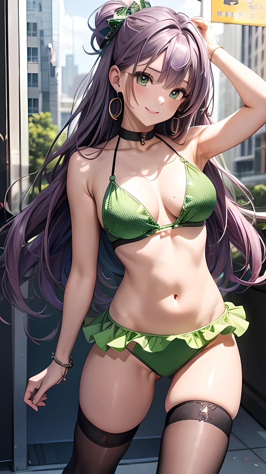 masterpiece,Ultra-high resolution、Highest quality、Sexy pose、Light purple hair、Long Hair:1.2, Glittering、Glowing Skin、Yellow-green and orange eyes, smile、Tilt your head、Big earrings:1.5,、Model walking、Small breasts、the body is slim、Tight waist、Spread your legs,Cowboy Shot、Colorful patterned tops、Super mini bikini tight skirt、panties、thighhighs、Underwear Focus