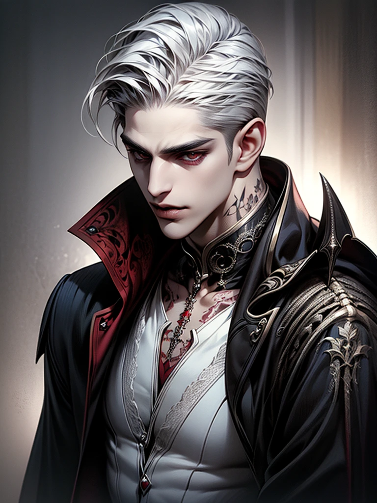 Boy with short hair, white hair, tatto, undercut hair,handsome,vampire ,vampire teeth ,devil