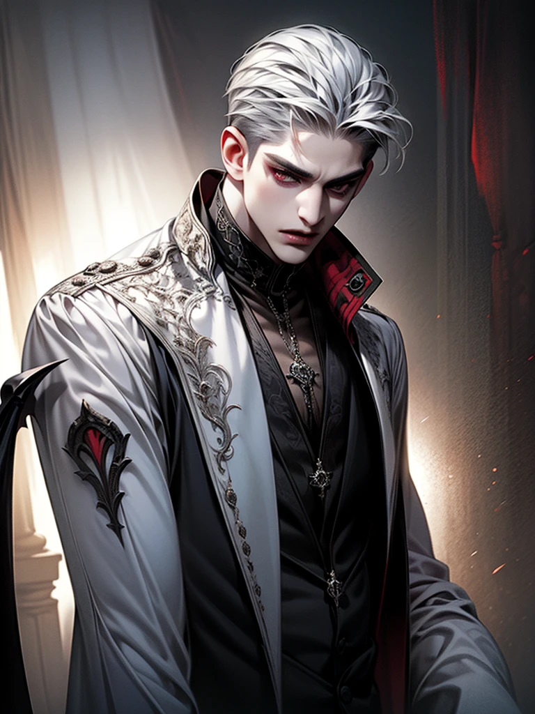 Boy with short hair, white hair, tatto, undercut hair,handsome,vampire ,vampire teeth ,devil