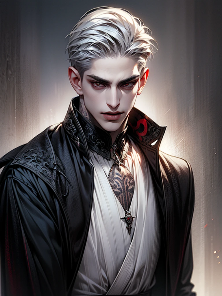 Boy with short hair, white hair, tatto, undercut hair,handsome,vampire ,vampire teeth ,devil