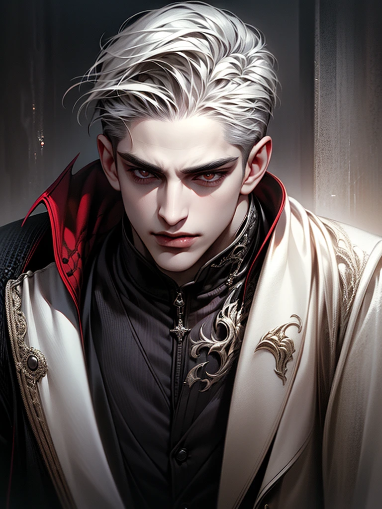 Boy with short hair, white hair, tatto, undercut hair,handsome,vampire ,vampire teeth ,devil