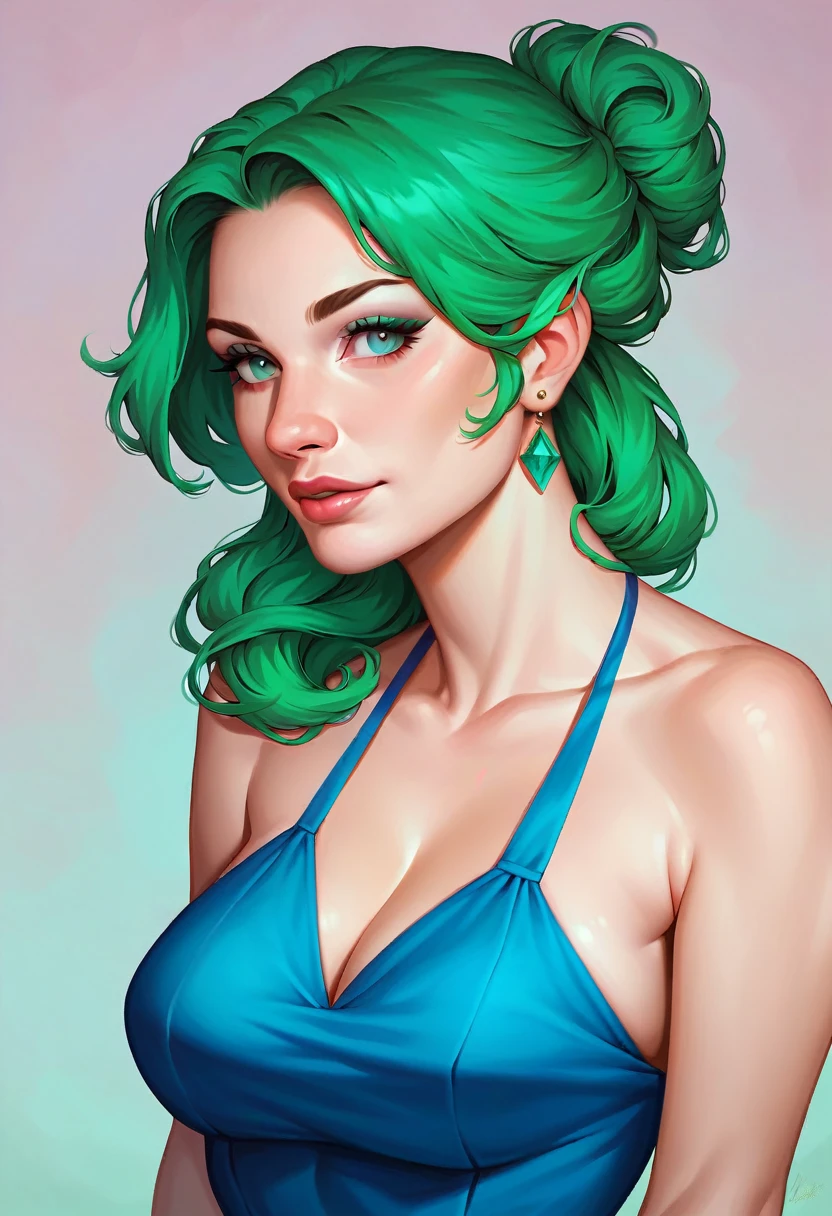 score_9,score_8_up,score_7_up, woman in blue dress with green hair, upperbody 