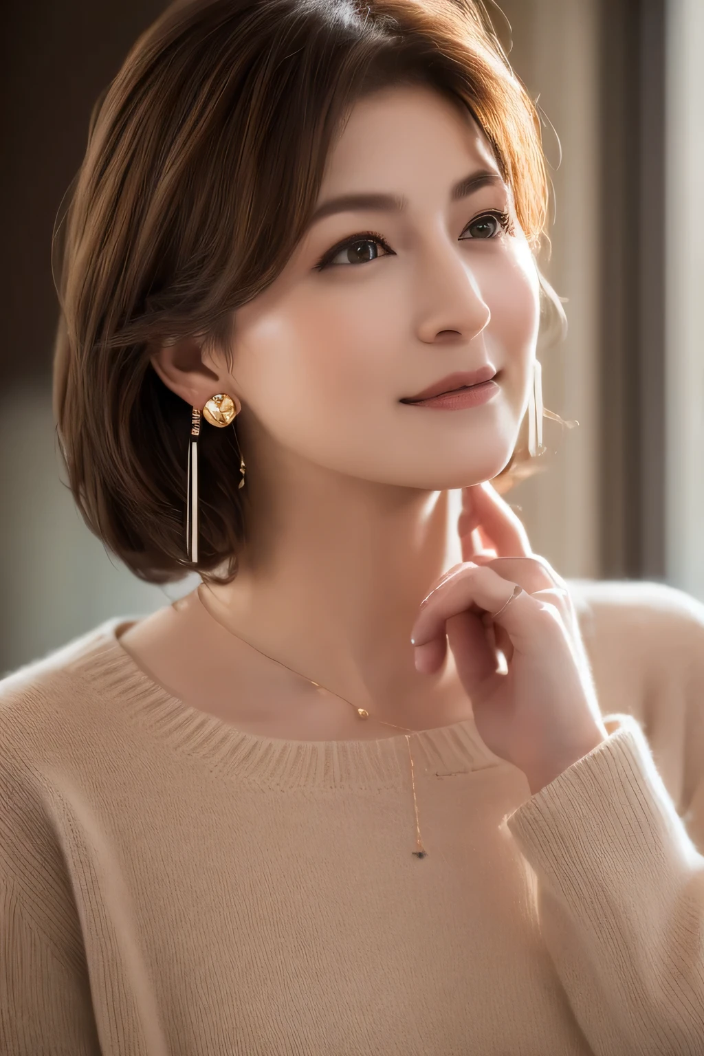 Best portraits、light brown hair, heart earrings, naughty face, depth of field, cinematic lighting, uhd, masterpiece, anatomically correct, super detail, best quality, 16K