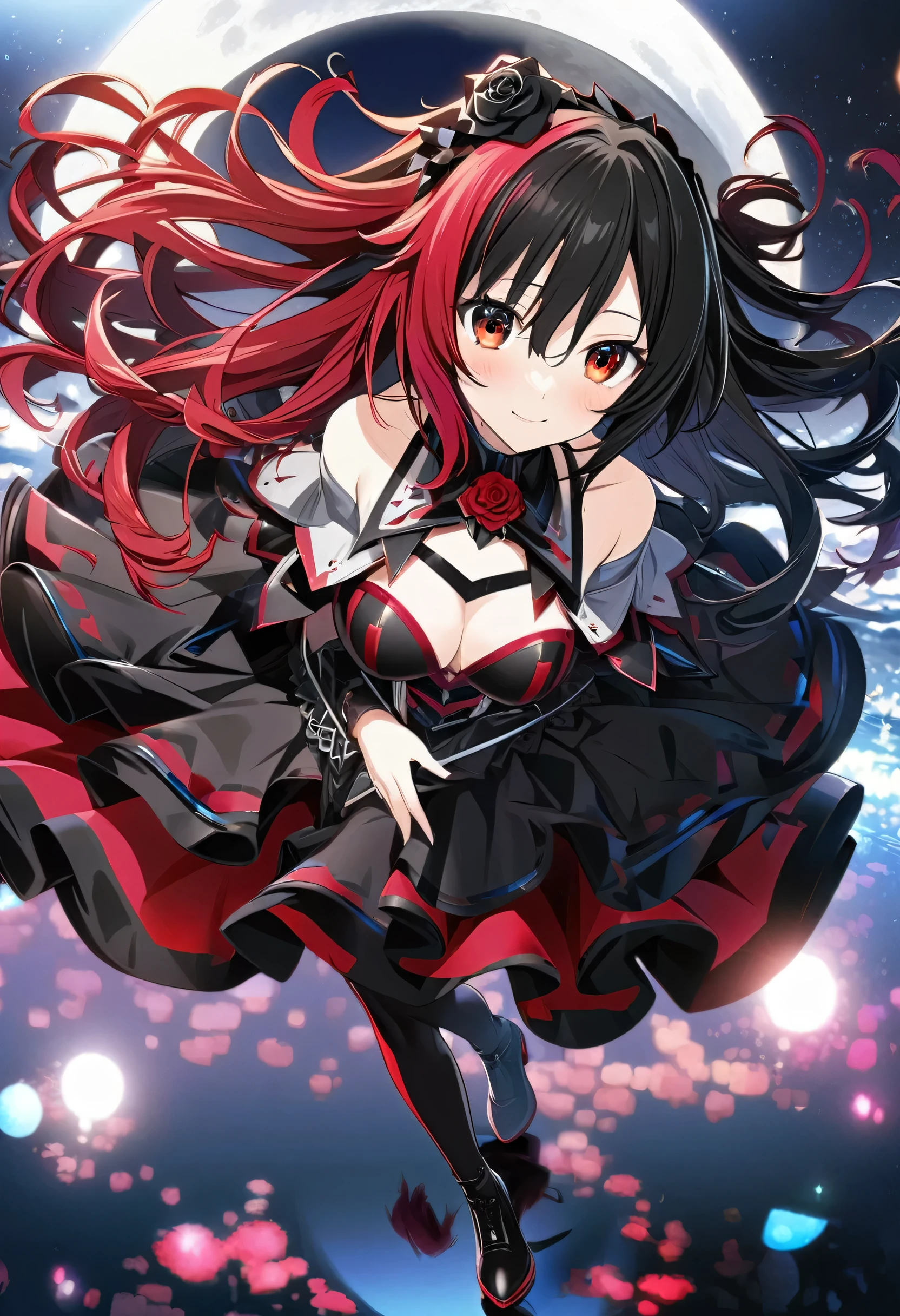 Hyakuya Mikaela \(AKB0048 Next Stage\), long black hair, ruby red eyes:1.2, dark costume, bangs, gentle smile, black rose hair ornament, ((ultra-detailed)), ((illustration)), ((neat hair)), (beautiful detailed eyes), female, 1girl, ((moon reflection)), looking at viewer, full body
